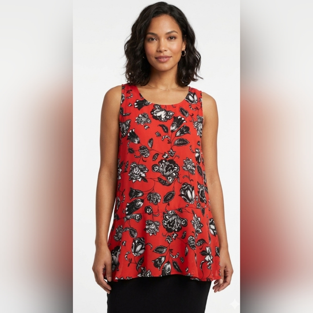 Vince Camuto Sleeveless Red Floral Swing Tank Top, Size M